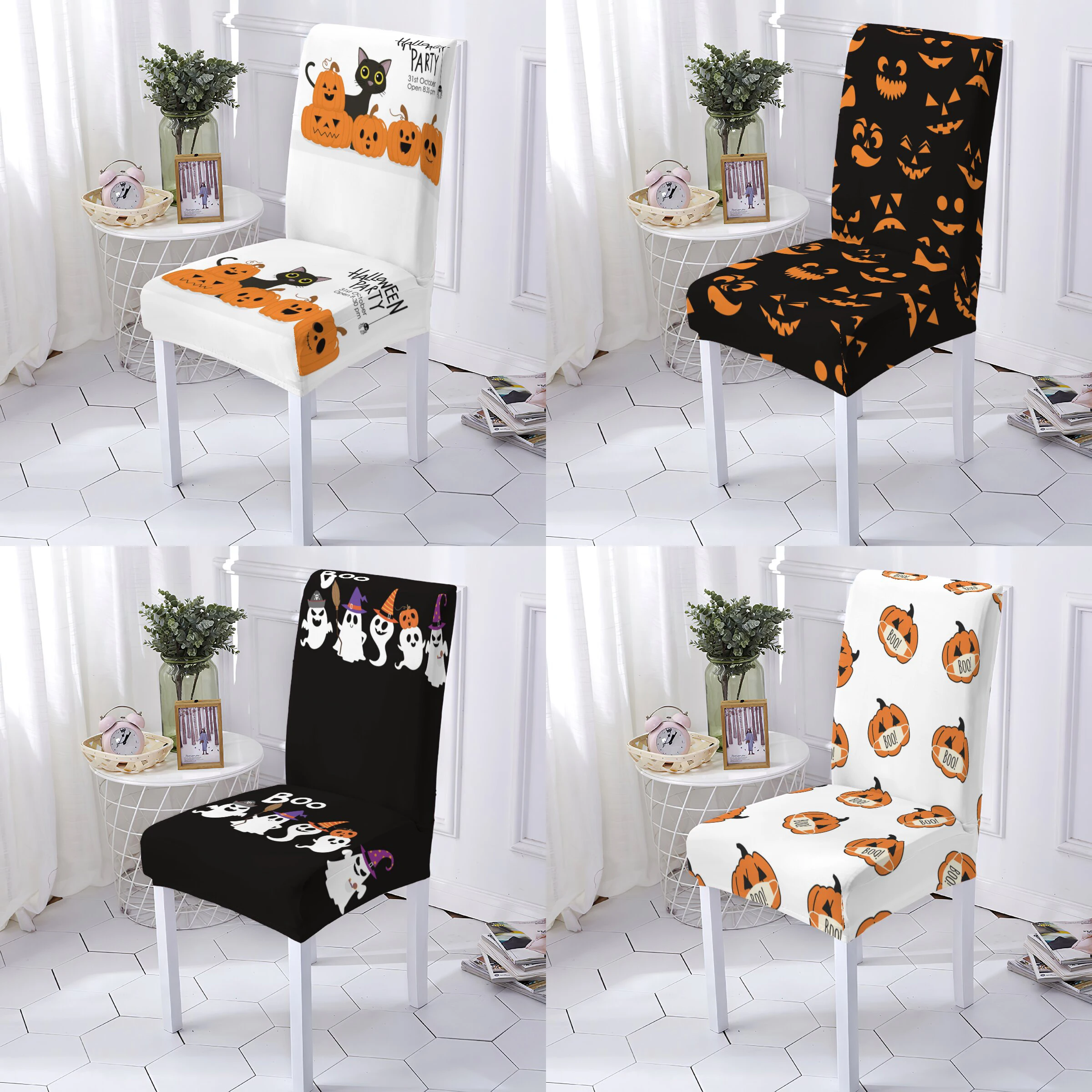 

Cartoon Halloween Style Chair Cover Kitchen Cushion Ghost Pattern Covers For Armchairs Dining Room Stretch Spandex Chair Cover