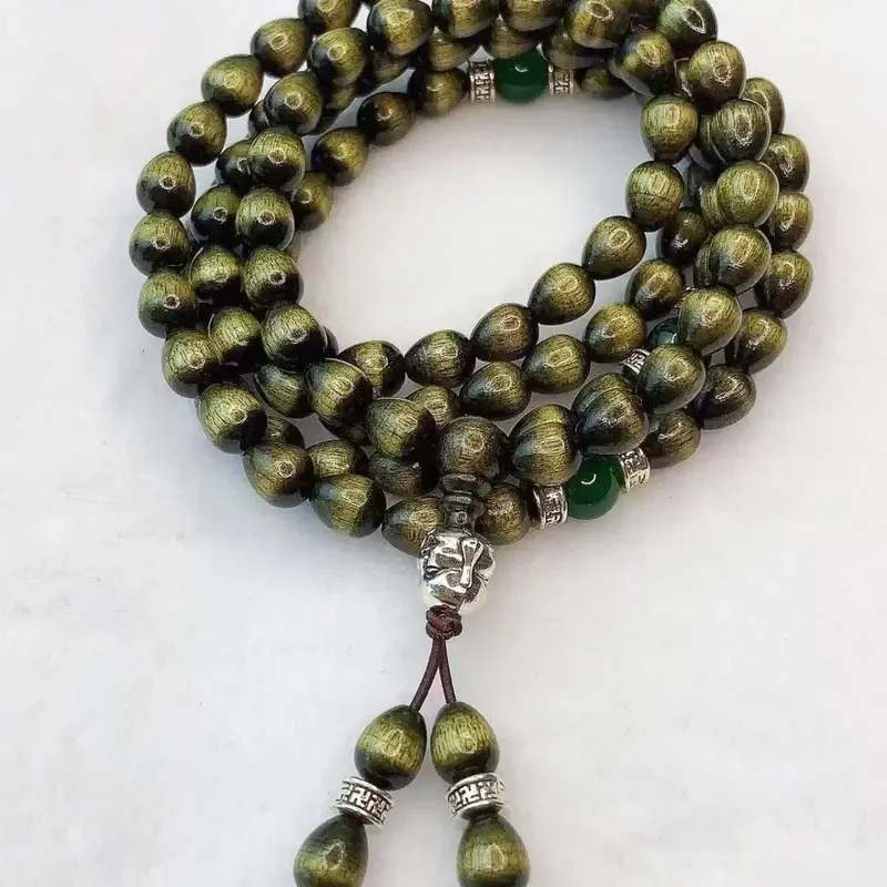 Gold-rimmed Nanmu Water Drop Beads Buddha Beaded Chanting Bracelet Green Material 0.8 108pcs Men and Women Couples Hand String