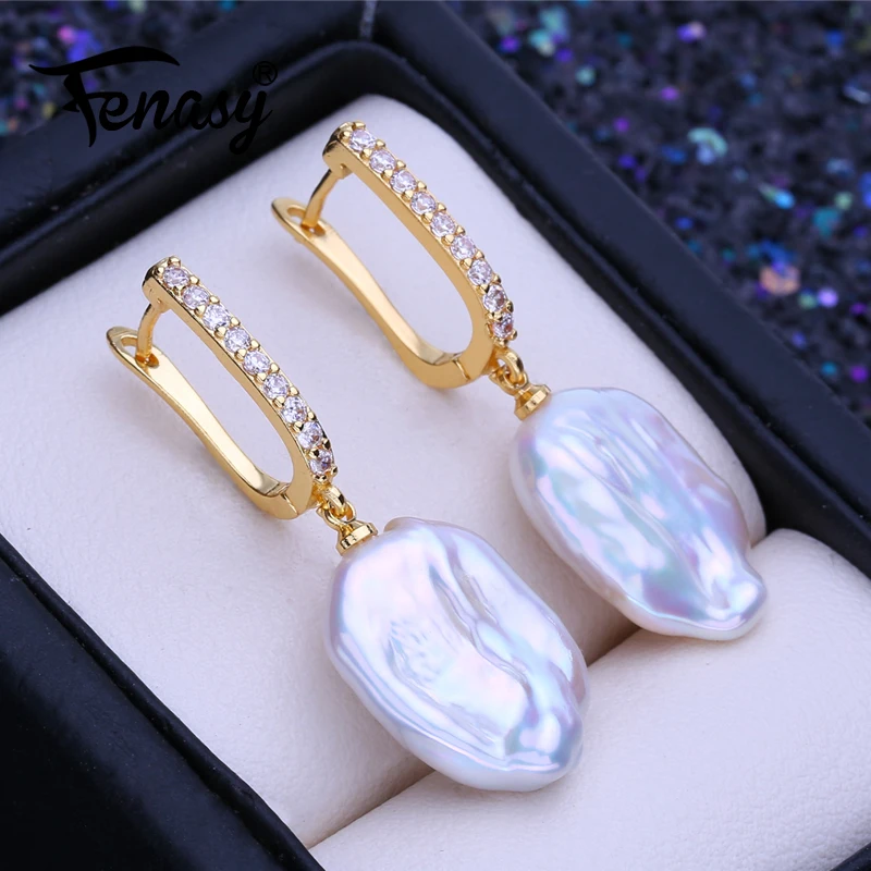 FENASY 925 Sterling Silver Jewelry 12-16mm Natural Freshwater Large Baroque Pearl Drop Earrings Fashion Gifts For Women