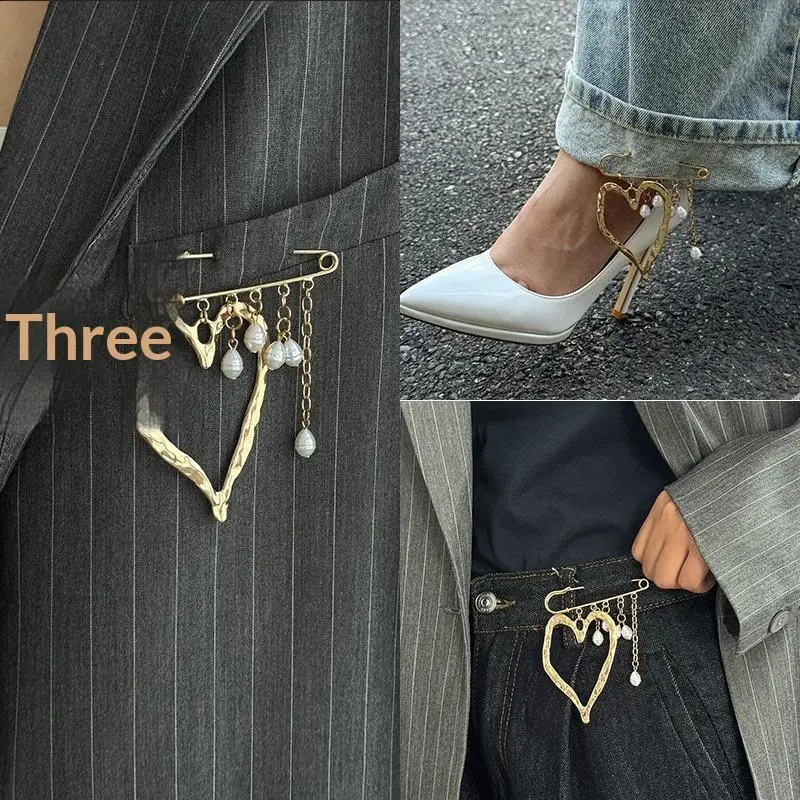 Creative Beaded Heart Shaped Tassel Metal Brooches Adjusting The Pant Legs Belt Safety Pin Versatile Clothing Decor