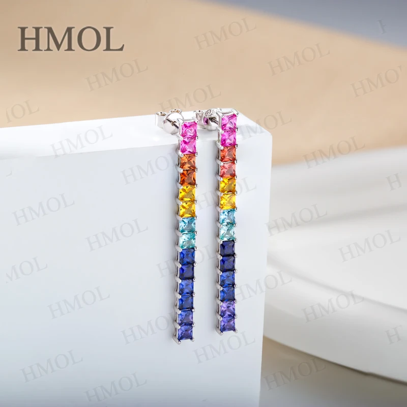 Lab Grown Gemstone Princess Cut Rainbow Eternity Ring&Long Drop Earrings S925 Silver Bracelet Anniversary Gift Jewelry for Women