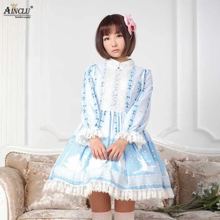 Ainclu Sweet Style Women's Sky Blue Polyester Japanese Original Swan Lake Ladylike Princess Lolita Dress