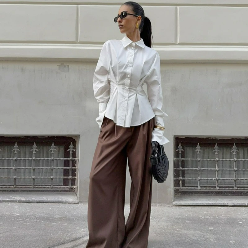 

Белая хлопковая рубашка для женщин, новая коллекция Весна 2026, модная, элитная, легкая роскошь, с зауженной талией, с длинными рукавами, кардиган с отложным воротником