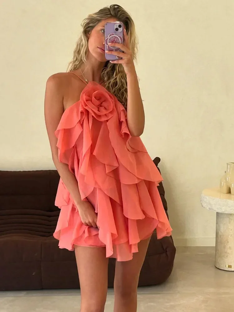 

3d Flower Women Stacked Ruffle Mini Dress Sexy Sleeveless Backless Lace Up Halter Short Dresses Summer Lady Solid Beach Vestido