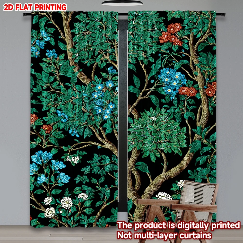 

2D flat printing 2pcs Window Treatment Curtains Floral Trees on Dark Digital Printed Polyester Drapes Birthday Party for