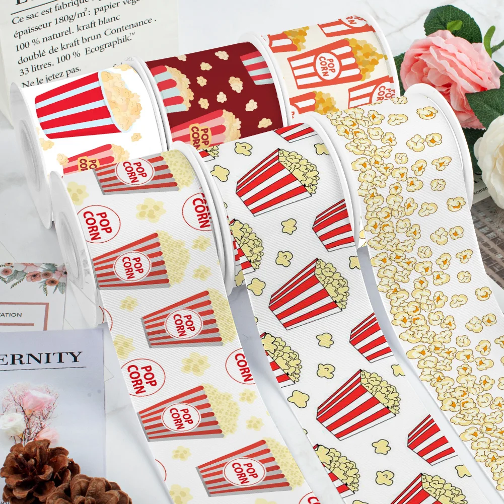 Cinema Theme Popcorn Pattern Grosgrain Ribbon Satin Ribbon for Cheer Bows Girl Hair Bows Cartoon DIY Craft Supplies Badge