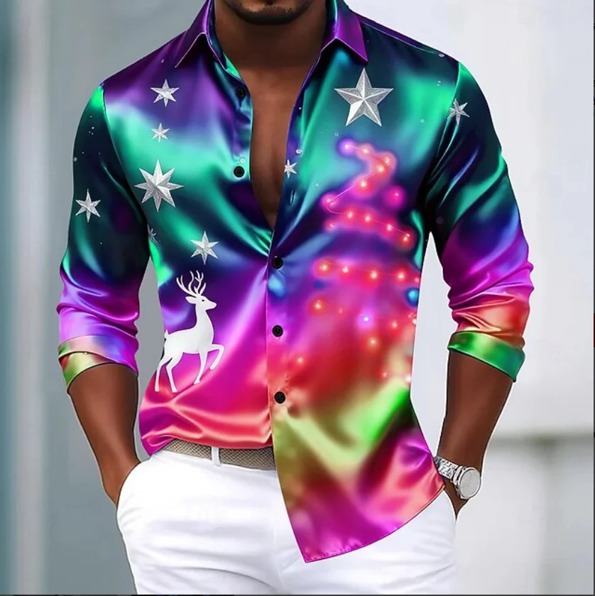 

Новая мужская рубашка с принтом рождественской елки и градиентным узором снежинки, рубашка с длинными рукавами и пуговицами, модный топ