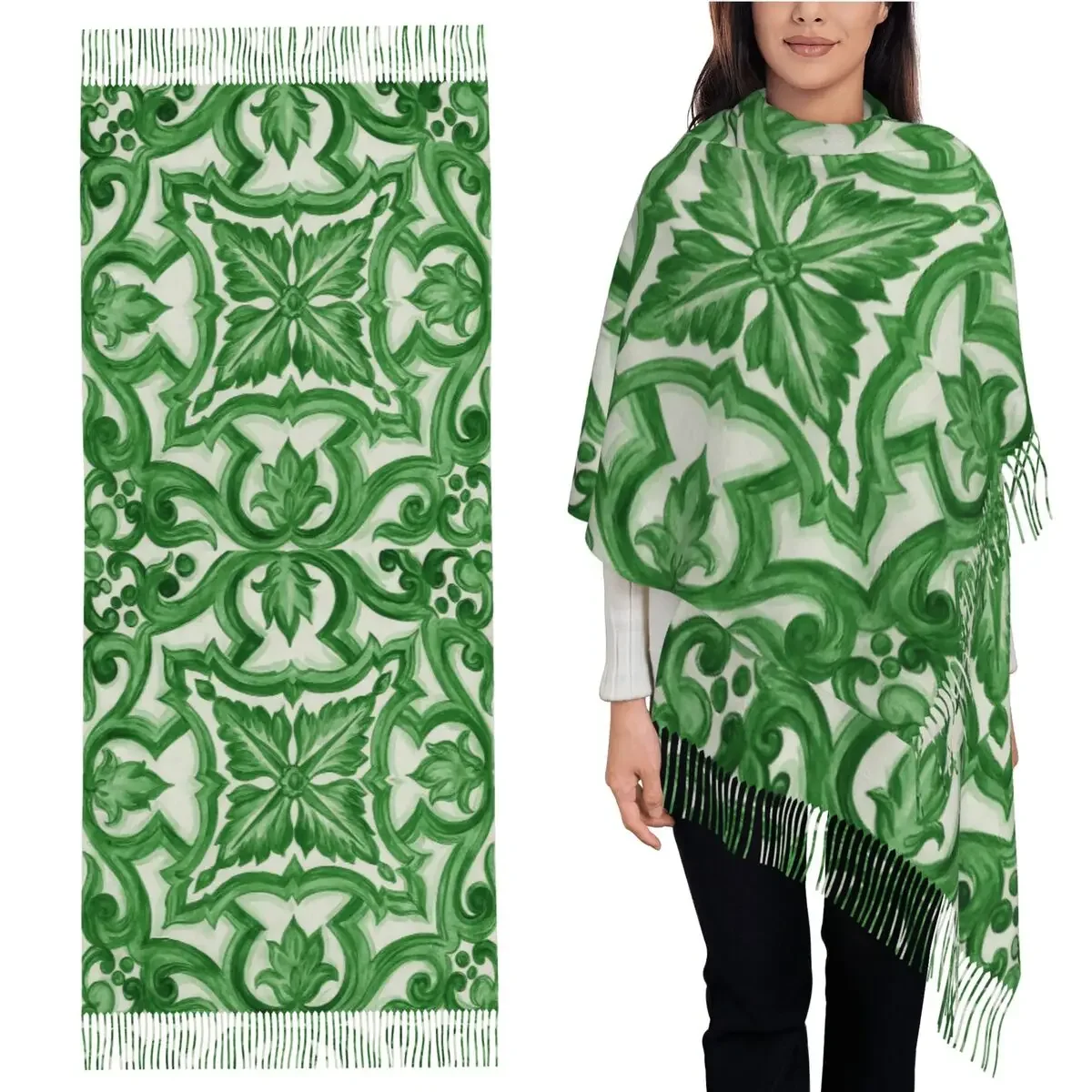 

Green Ornate Floral Mediterranean Sicilian Tile Scarf Tassel Scarves for Women Shawls and Wraps Long Fall Winter Shawl Wrap