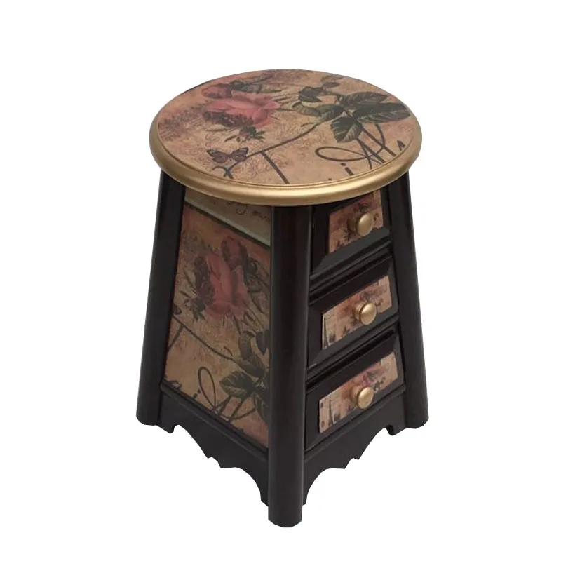 Armazenamento de madeira maciça Stool, fezes redondas, três gavetas Stool, mobiliário de estilo europeu e coreano, Pastoral Dressing Stool, 45 alta