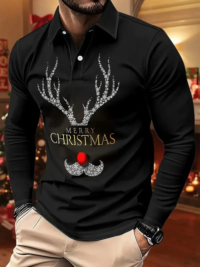 

Christmas Men's Santa Claus Beer Pattern Long Sleeve Polo Shirt Flip Collar Casual Street Daily X'mas Festival Loose man clothes