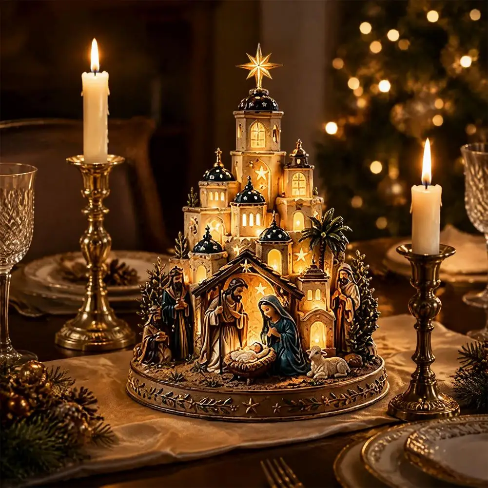 Nativity Scene Decor Bethlehem Nativity Church Glowing Star Scene Christian Religious Table Centerpiece Decor for Home