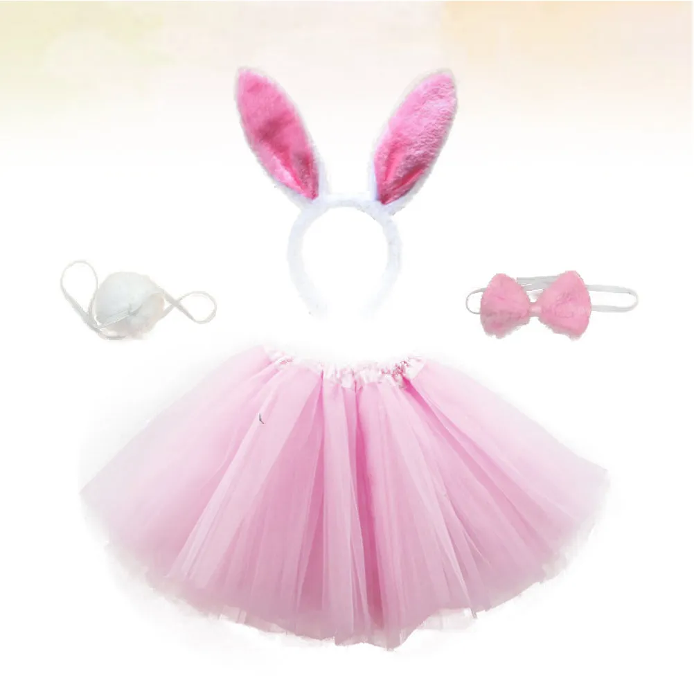 Kids Rabbit Performance Costume Set with Hair Hoop Tie Tail Elastic Waist Tulle Skirt for Easter Birthday Party Dress Up Pink