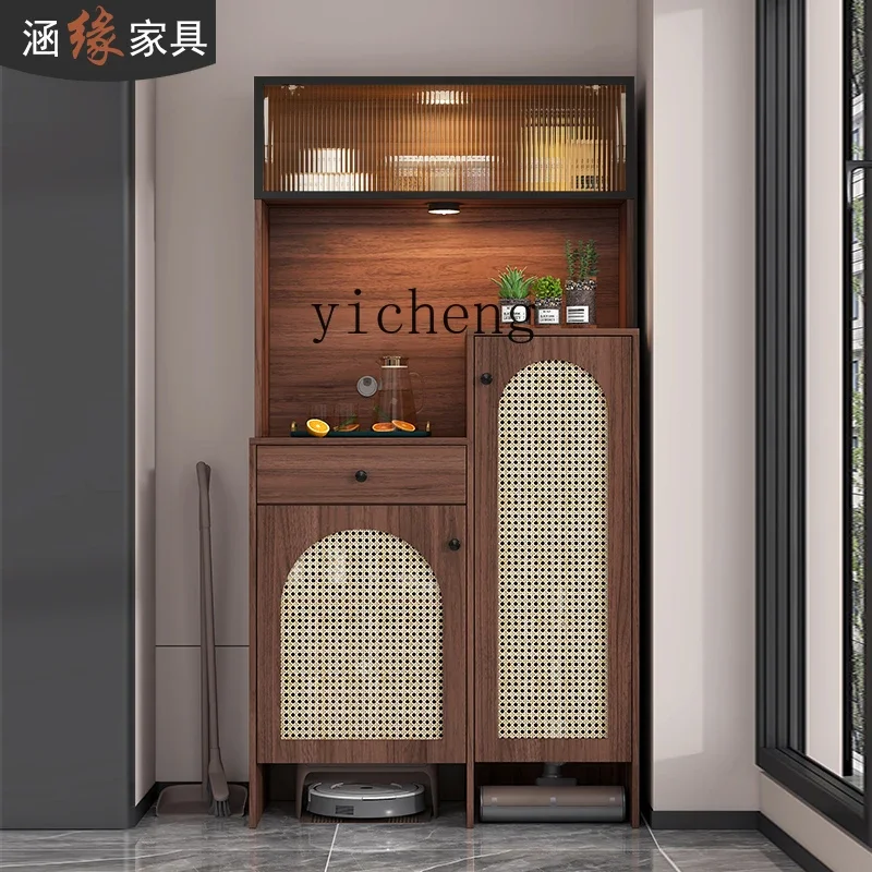 H3-23 medieval style imitation rattan woven side cabinet integrated against the wall sweeping robot shelf vacuum cleaner storage