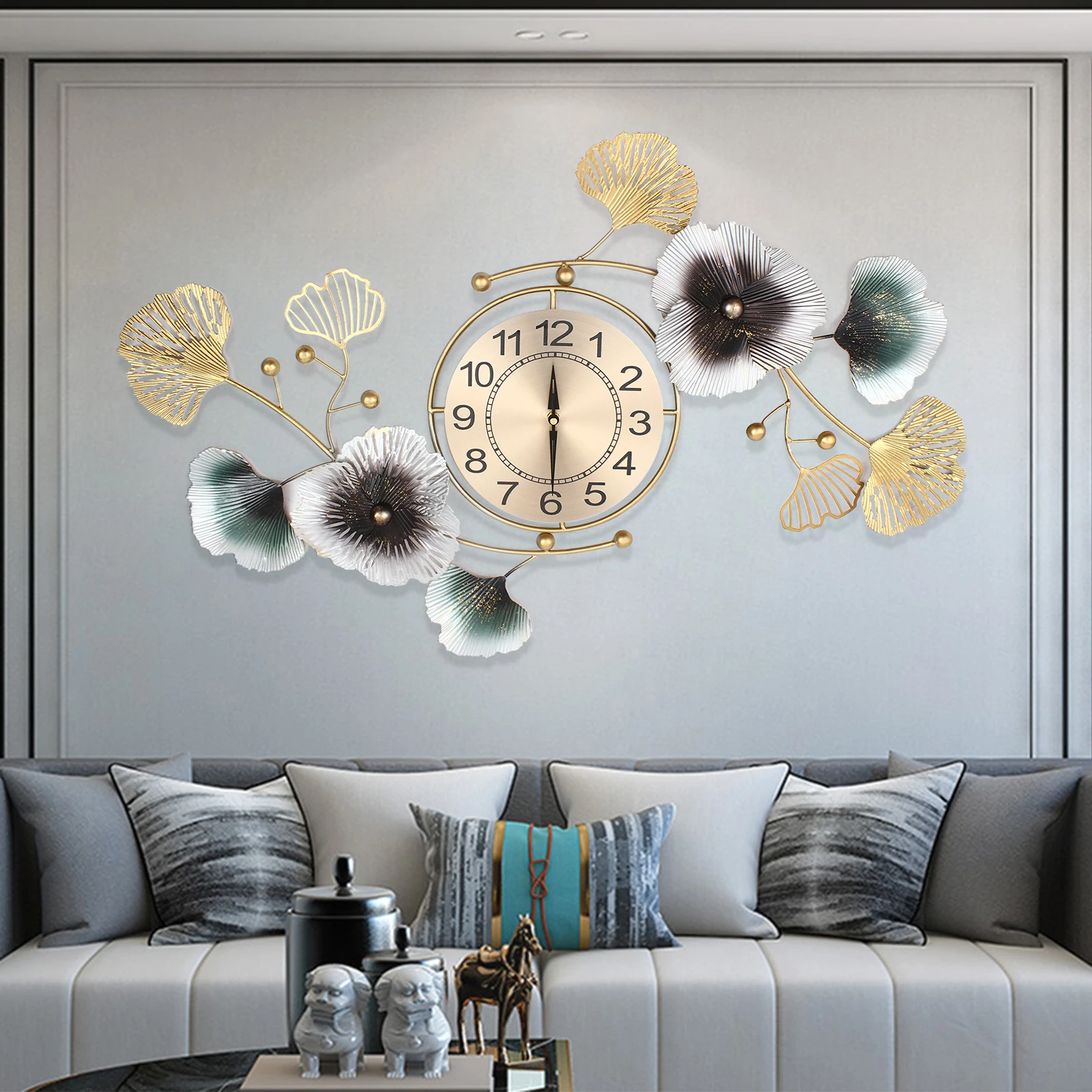 

90*45cm Large Wall Clock Ginkgo Leaf Metal Wall Watch Living Room Home Office Decoration Large Non Ticking Wall Clocks