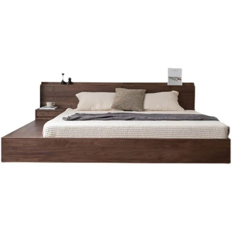 Nordic Japanese-style double oak solid wood tatami floor-to-ceiling short bed, simple modern wabi-sabi black walnut wedding bed