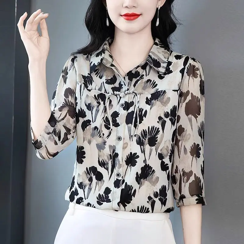 Chinese Style Shirt With Frog Buttons Print Loose Fit Mid Sleeve Elegant And Versatile Concealing Tummy Top
