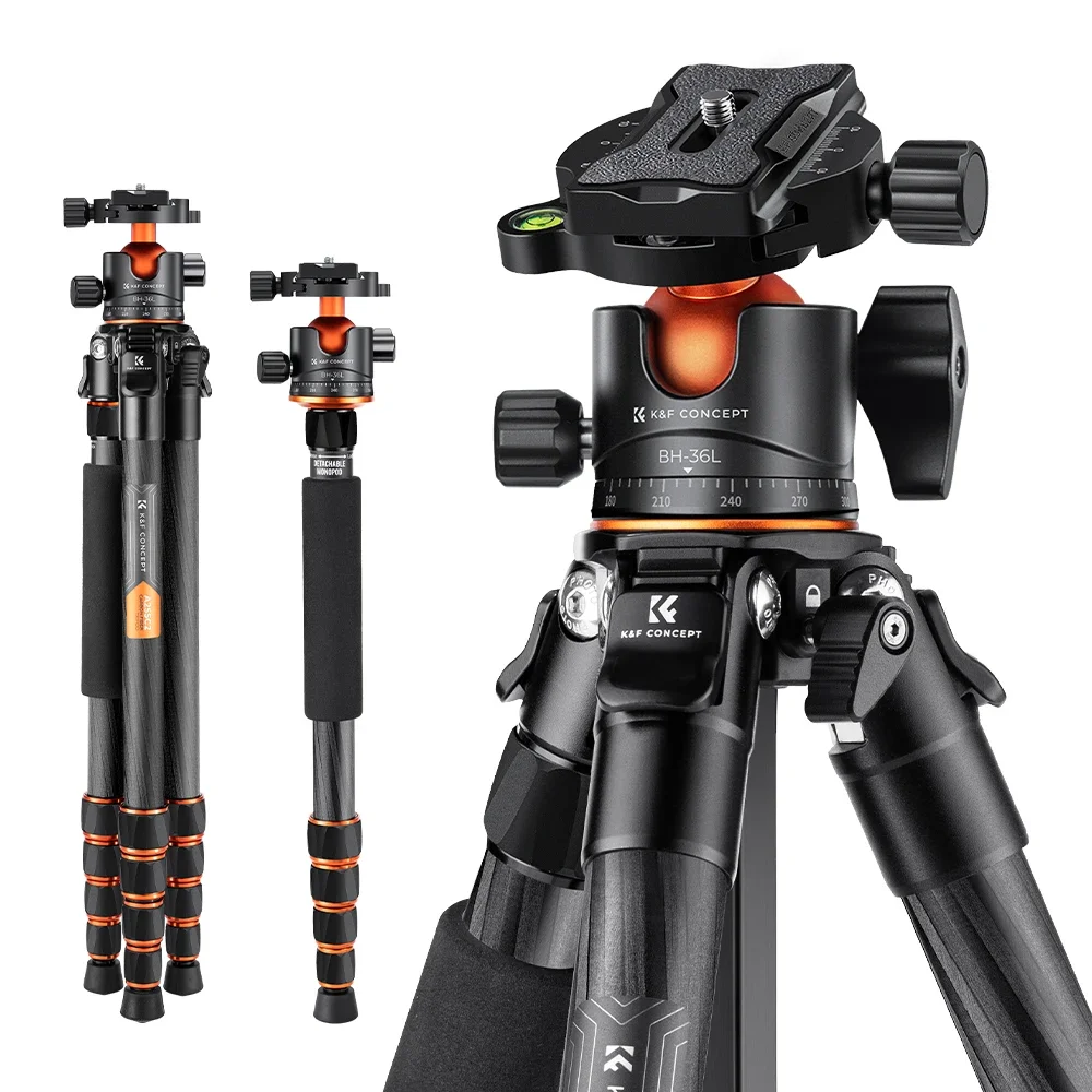 K&F CONCEPT Professioneel koolstofvezelstatief voor DSLR-camerastandaard 15 kg / 33 lbs maximale belasting met 360 °   Balhoofd fotografie camcorder