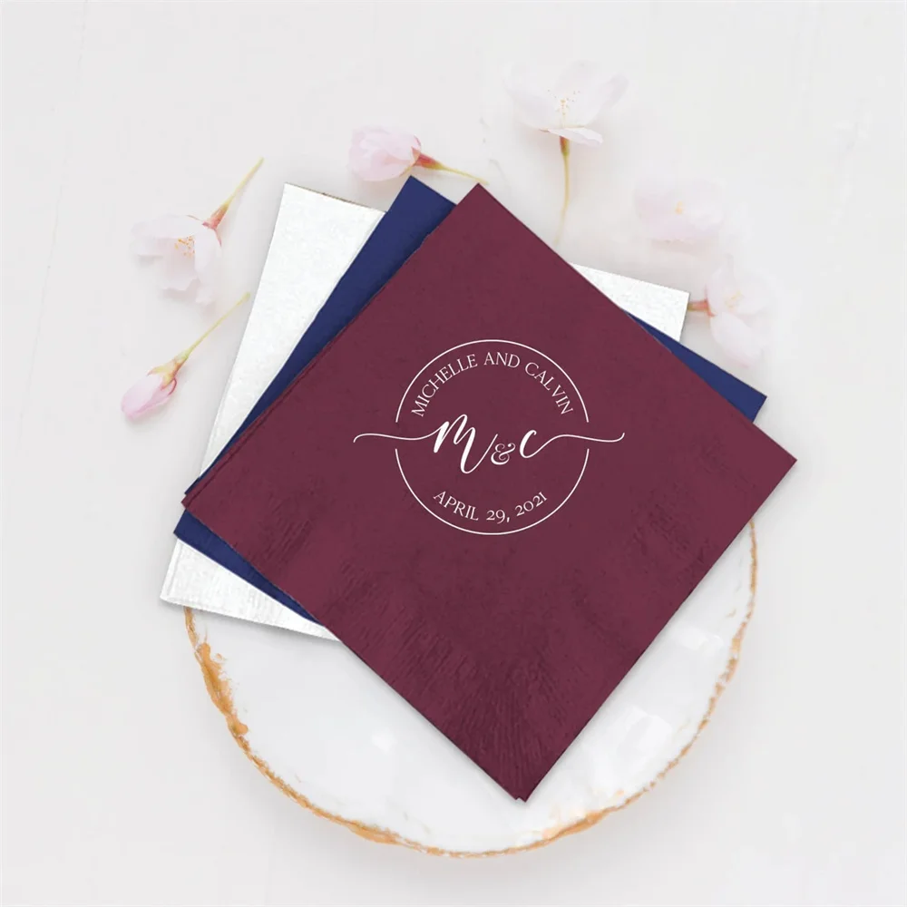 

50PCS Personalized Wedding Napkins Personalized Heart Connected Monogram Wedding Napkins Custom Bar Napkins Reception Custom We