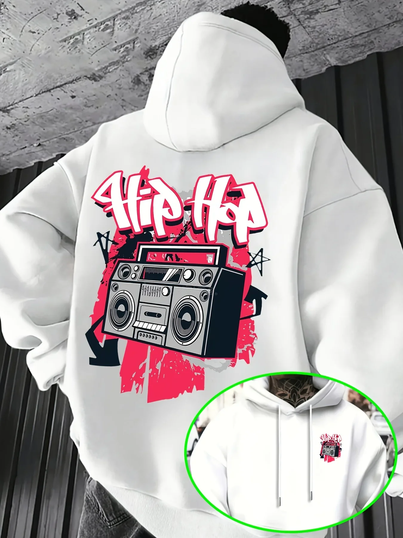 Men Pullover Hoodie Hip Hop Graffiti Retro Radio Chest And Back Graphic Print Loose Fleece Streetwear Hooded Sweatshirt