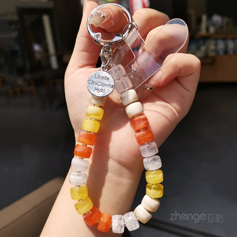 Summer Orange Yellow White Resin Cube Beaded Wrist Lanyard, Simple Anti-lost Phone Key Bag Chain for Women Daily Decor