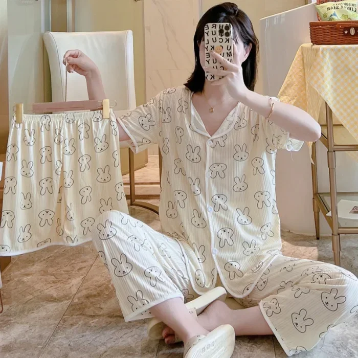 

New Women's Three-piece Bow Tie Pajamas Ms. Korean Version of The Loose Micro-business Network Red Live Women's Home Clothing