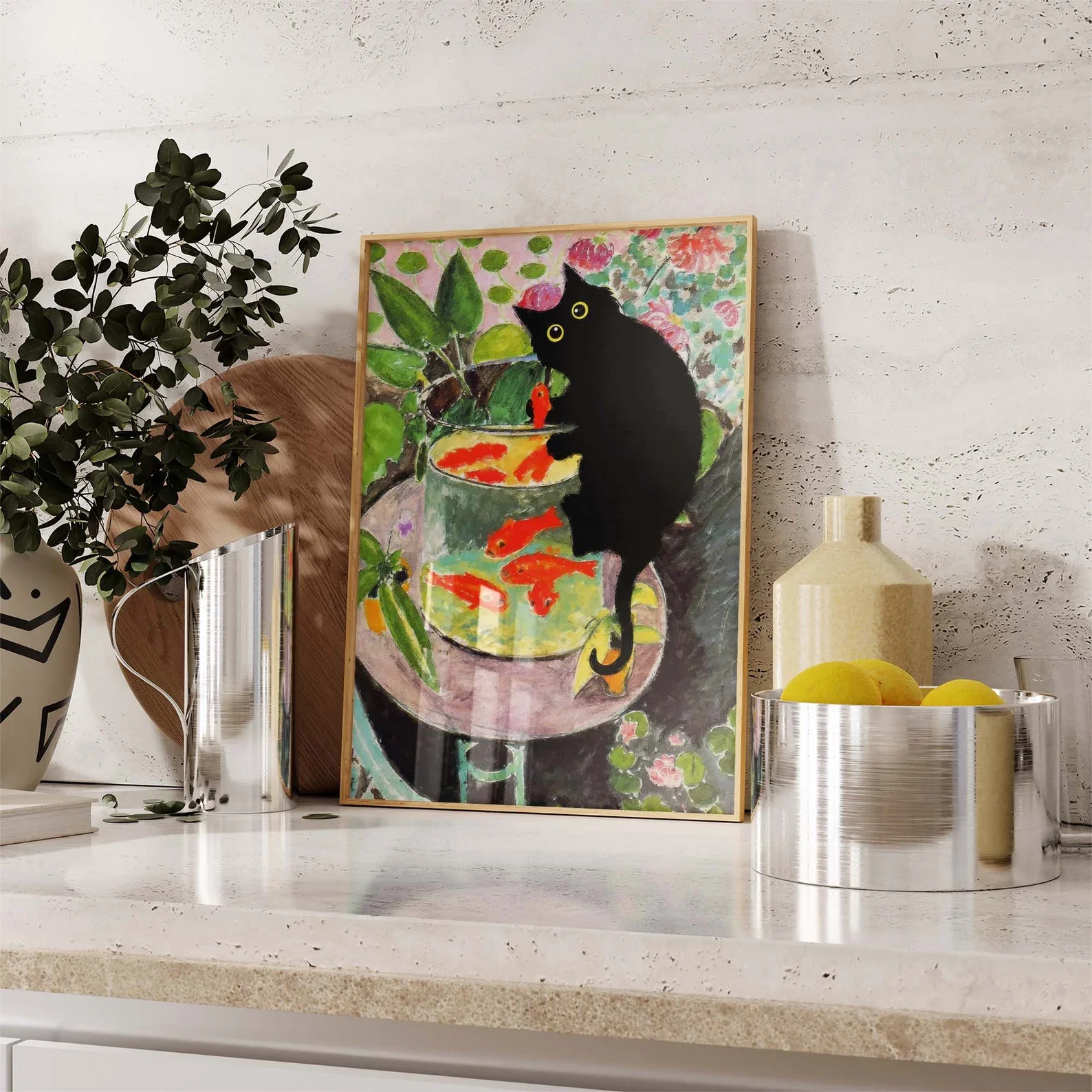 Poster Ikan Mas Matisse dengan Kucing, Gambar Kucing Hitam, Seni Kucing Hitam, Cetak Bunga, Cetak Kucing Lucu, Ide Hadiah Lucu, Dekorasi Rumah
