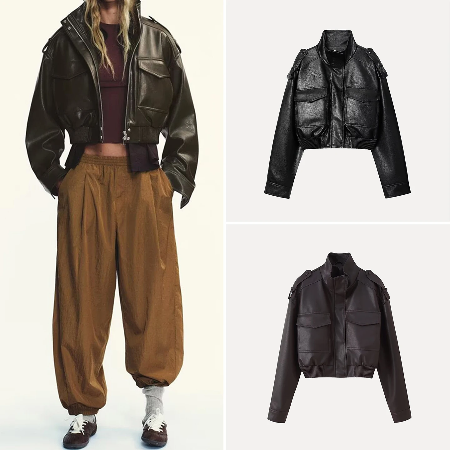 

Faionable Tri-Color ket Decorated Faux Leather Jaet Outerwear for Women Autumn 2025 Stand Fit ort Coat Z