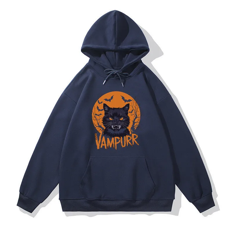 Male Streetwear Hoodies Comfortable Halloween Cat Art, Vampurr Vampire Cat Printing Sweatshirts Men Women Female Clothing Top