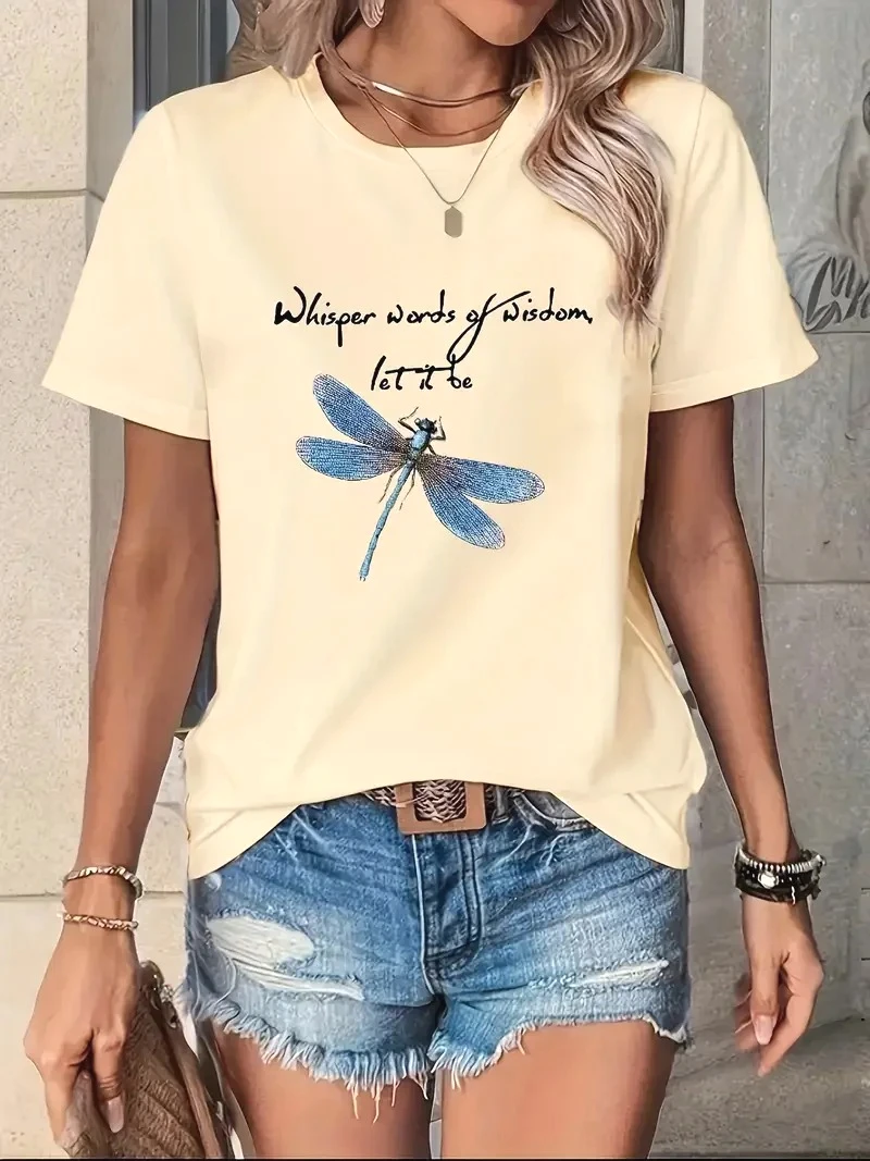 

Футболка с короткими рукавами и принтом стрекозы, женская футболка с круглым вырезом, одежда в стиле Харадзюку, женская повседневная верхняя одежда