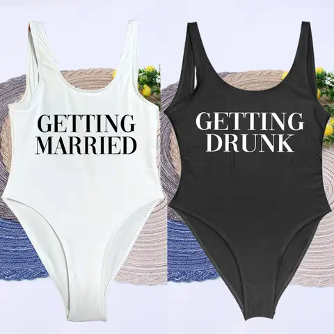 Getting Married White Bride Swimsuits Women One Piece Wedding Bathing Suits Team Bridesmaid EVJF Bachelorette Hen Party Swimwear