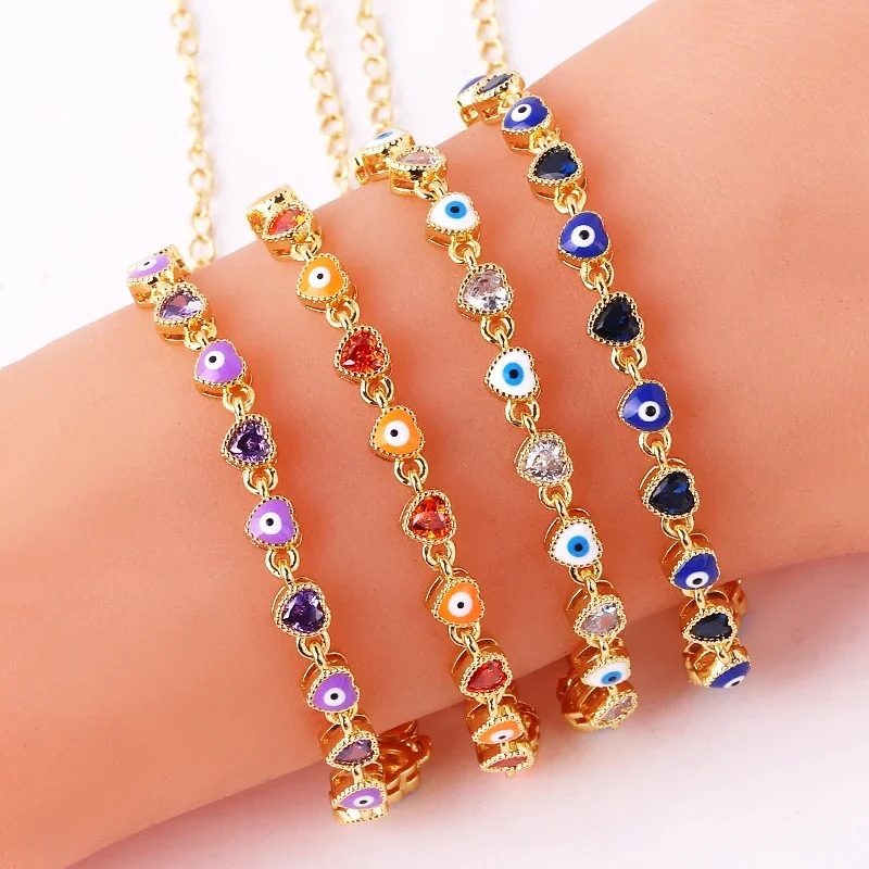 18K Gold Plated Colorful Heart Turkish Evil Eye Charm Bracelet For Women Boho Lucky Copper Chain Adjustable Summer Jewelry