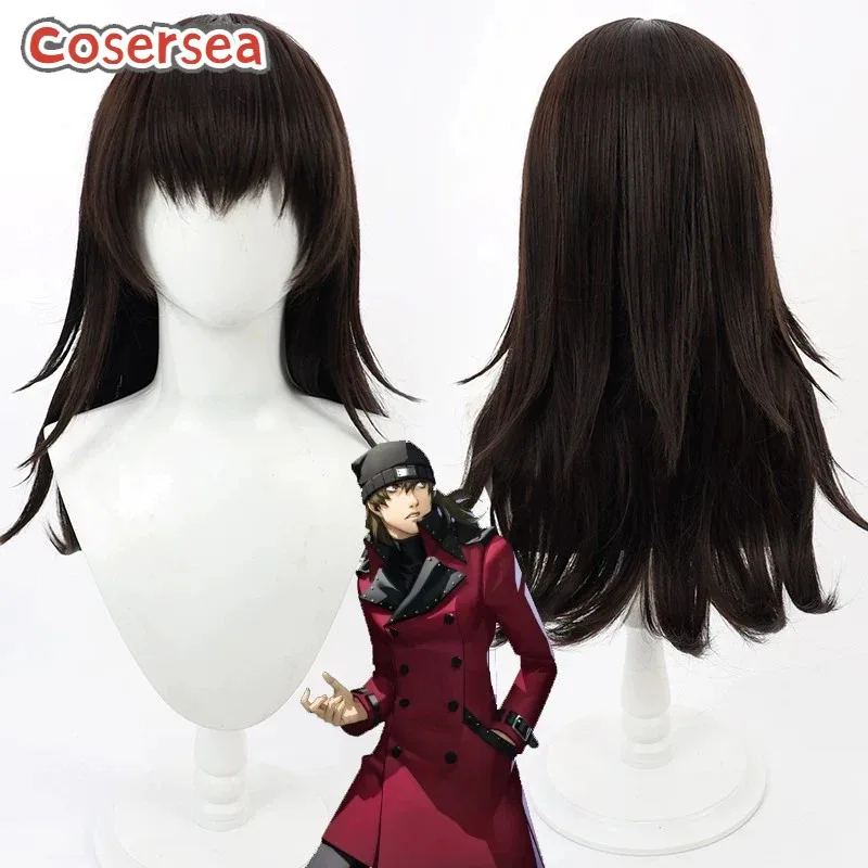 Cosersea Shinjiro Aragaki 코스프레 가발 페르소나 3 Shinjiro Aragaki 50cm 롱 다크 브라운 Cos 가발 합성 머리 내열성
