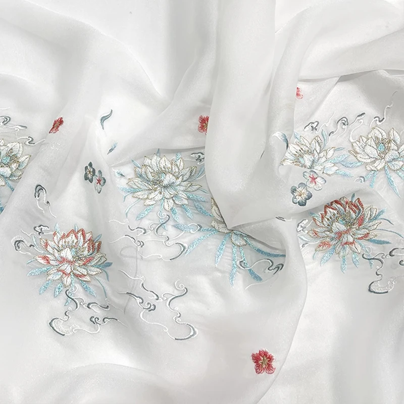 1M Chinese Style Flower Embroidered Fabric Organza Designer Fabric For Diy Sewing Antique Hanfu Wedding Dress Dance Costume