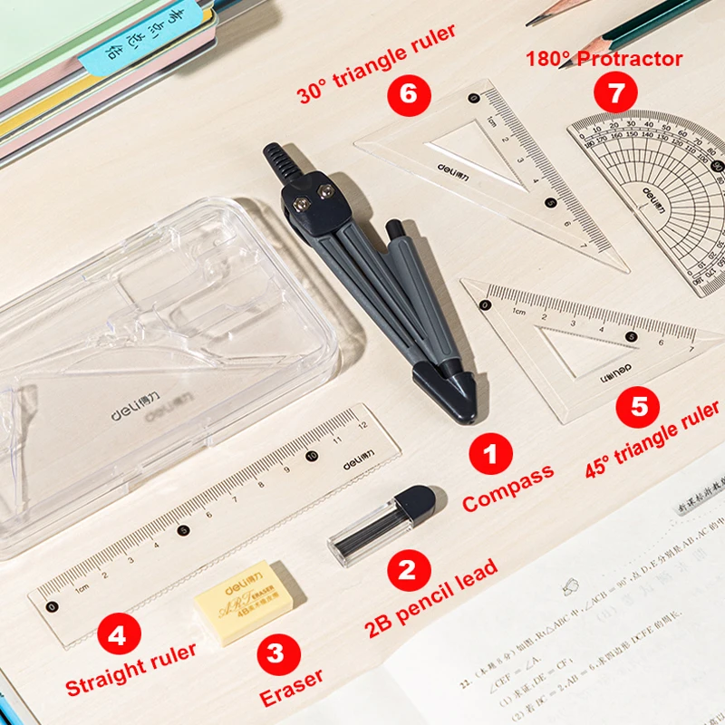 Compass Set Mathematical Drawing Set Tool Professional Multifunctional Ruler School Supplies 7pcs/Set Drafting Set