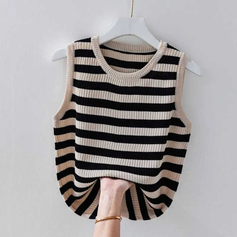 Summer Women\'s Clothing Pullover Screw Thread Round Neck Contrast Color Striped Casual T-shirt Fashion Trendy Classic Tops