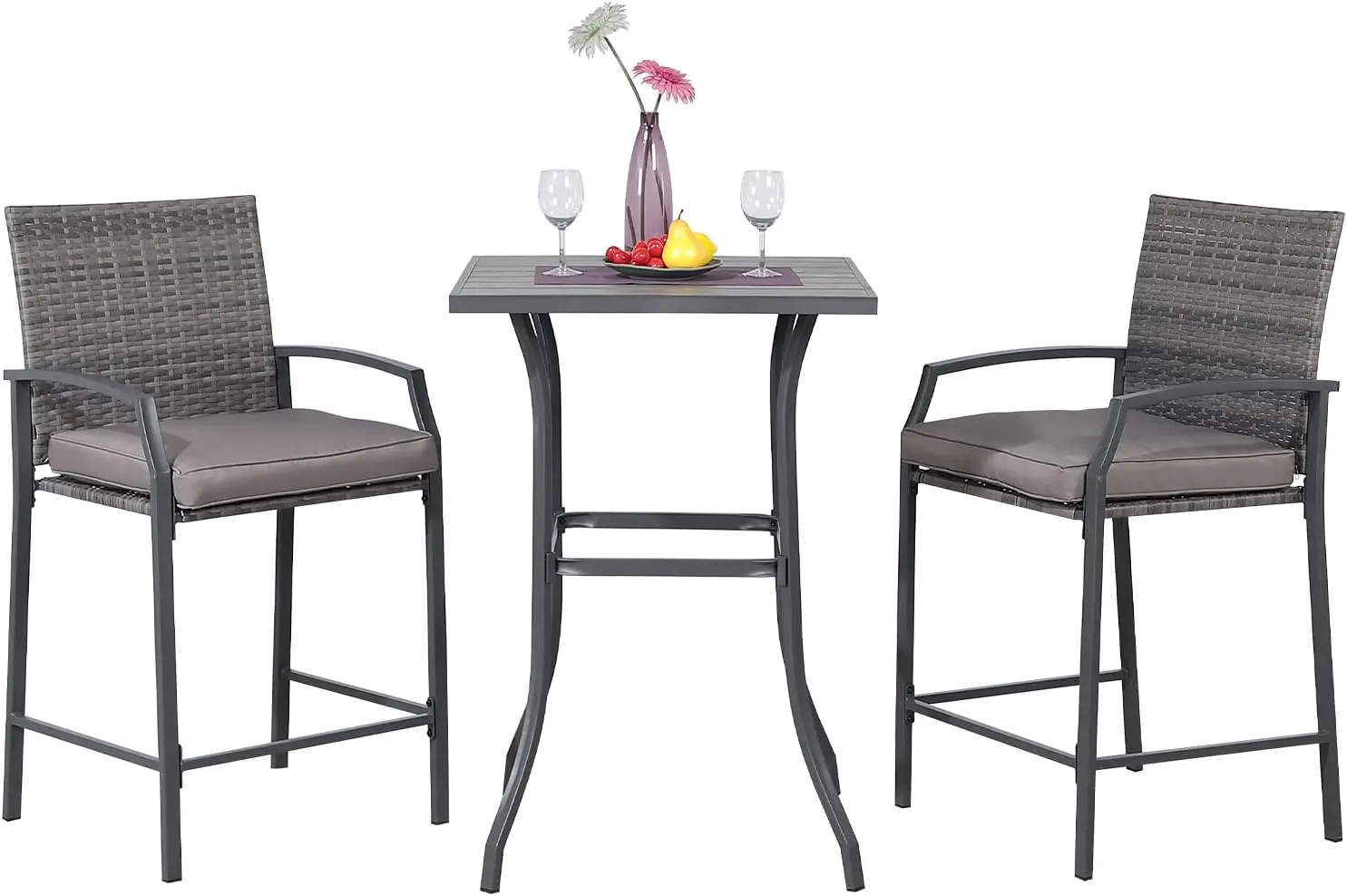 

Casual 3-Piece Patio Bar Set, All-Weather Wicker High Top Outdoor Table and Chairs, 2 Height Rattan Bar Stools with Wood Grain