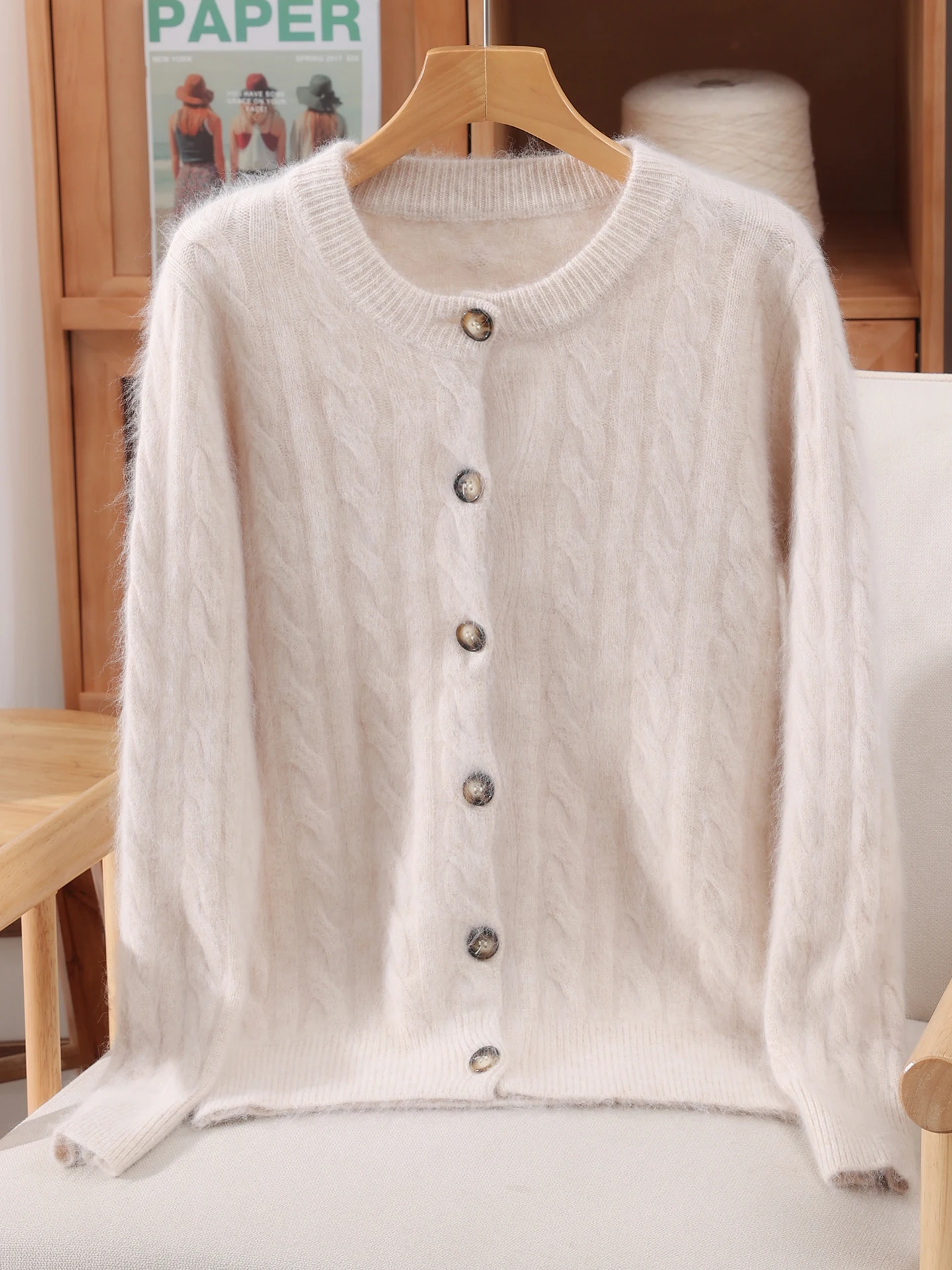 

New Women 100% Mink Cashmere Sweater Autumn Winter Thick Warm O-neck Button Cardigan Casual Fashion Woman Cable Knit Soft Top
