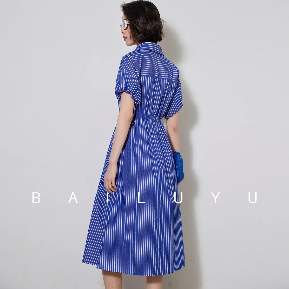 LOUIS YAO Women Shirt Style 100% Cotton Dress 2024 Summer Striped Casual Dress French Style A-line Short Sleeve Long Dress