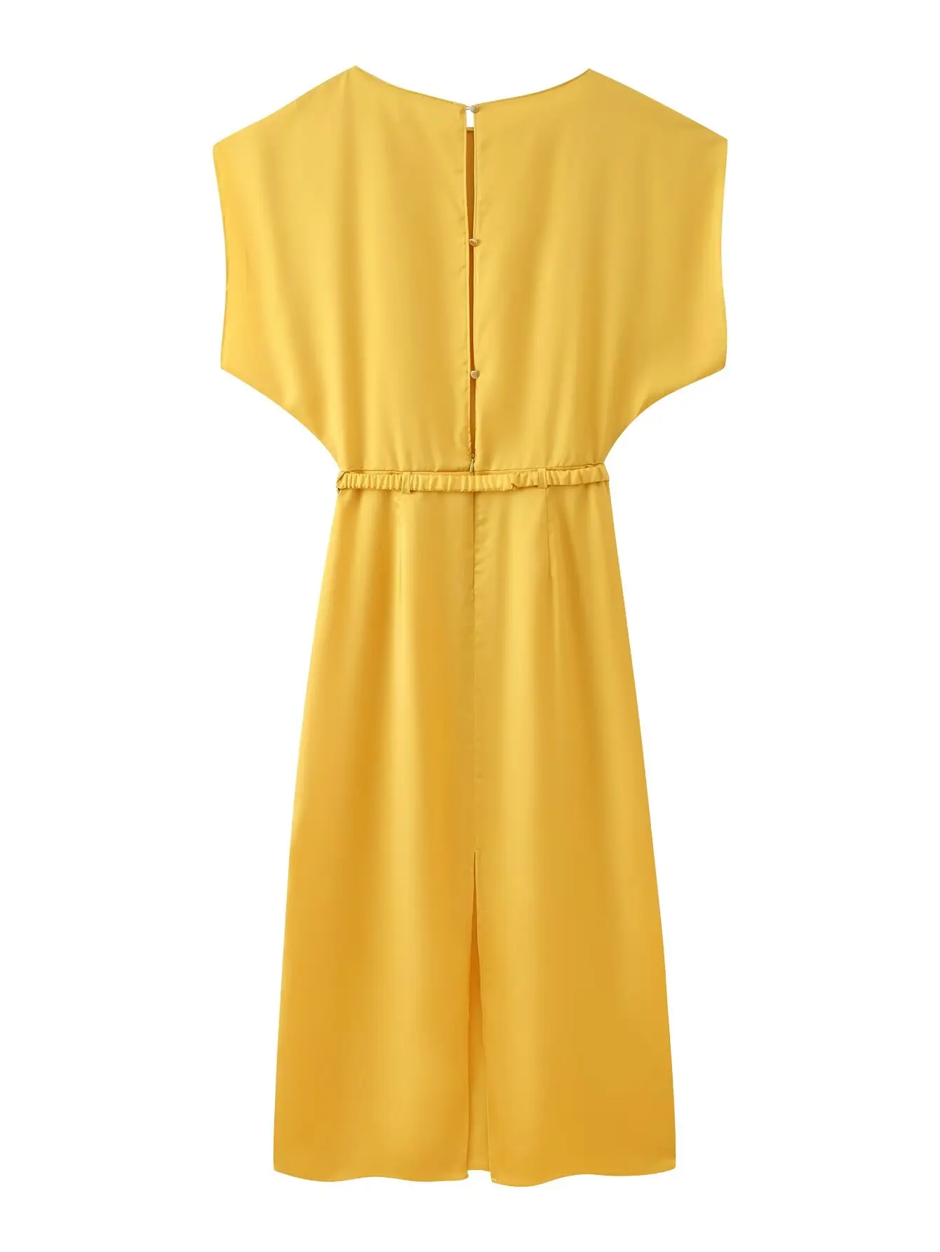 여성 드레스 2025 신상품 패셔너블한 벨트 웨이스트 실크 새틴 텍스처 미디 드레스