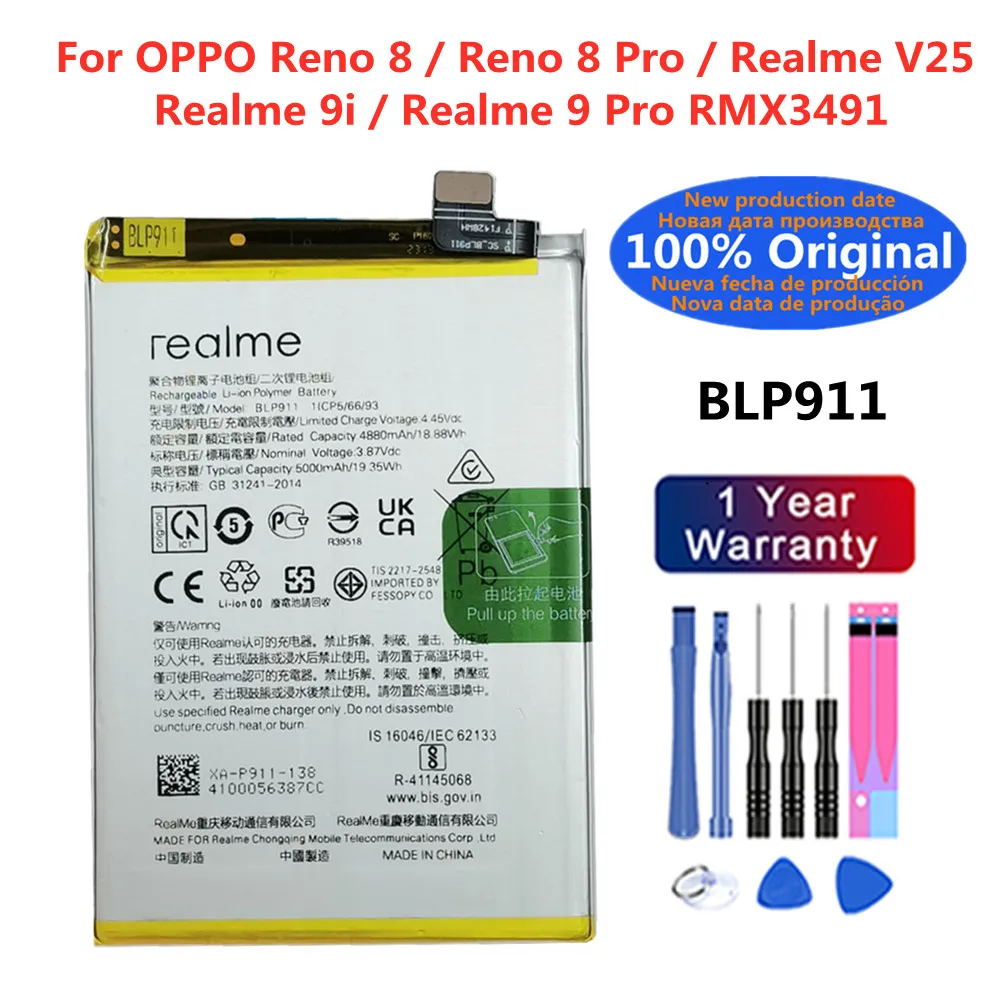 Original BLP911 5000mAh Battery For OPPO Realme V25 / Realme 9i Realme 9 Pro 9Pro / Reno 8 / 8 Pro High Quality Phone Bateria