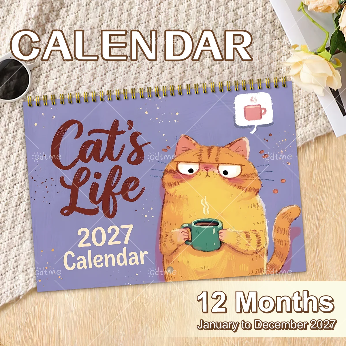 2027 Wall Calendar Cat's Life Funny Orange Cat Coffee Art Spiral Hanging Monthly Planner Home Office Decor Gift for Cat Lovers