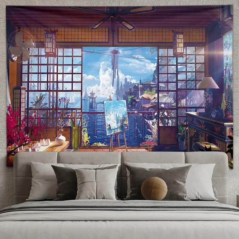 

Tapestries Japanese Aesthetic Cabin Ins Style Background Cloth Room Decoration Hanging Cloth Dormitory Bedside Wall Cloth Anime