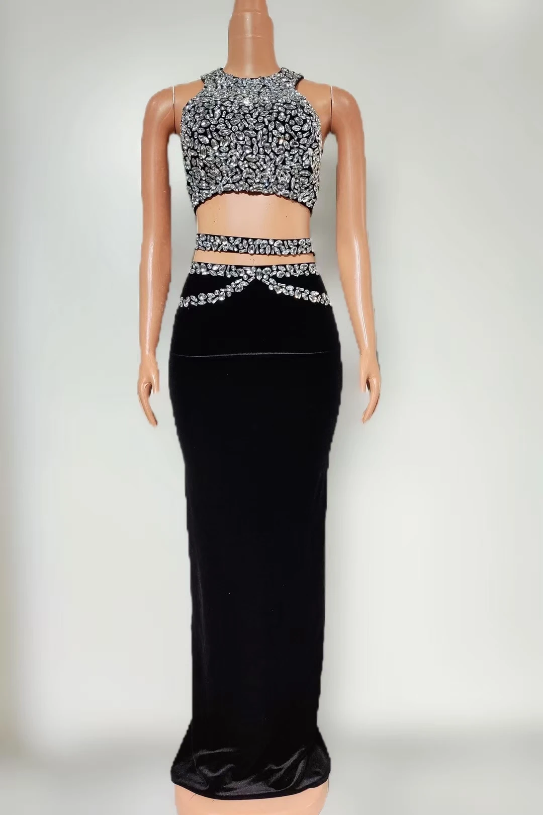 

Shenbei Sexy Diamonds Tops Black Maxi Long Bandage Two Piece Set 2025 Women Knitted Elegant Evening Club Party Prom Gowns