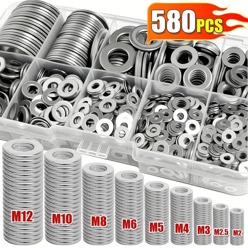 580pcs Stainless Steel Flat Washer Plain Gaskets Metal Washers Snap Rings Plain Gasket Fasteners Assortment Kits M2-M12