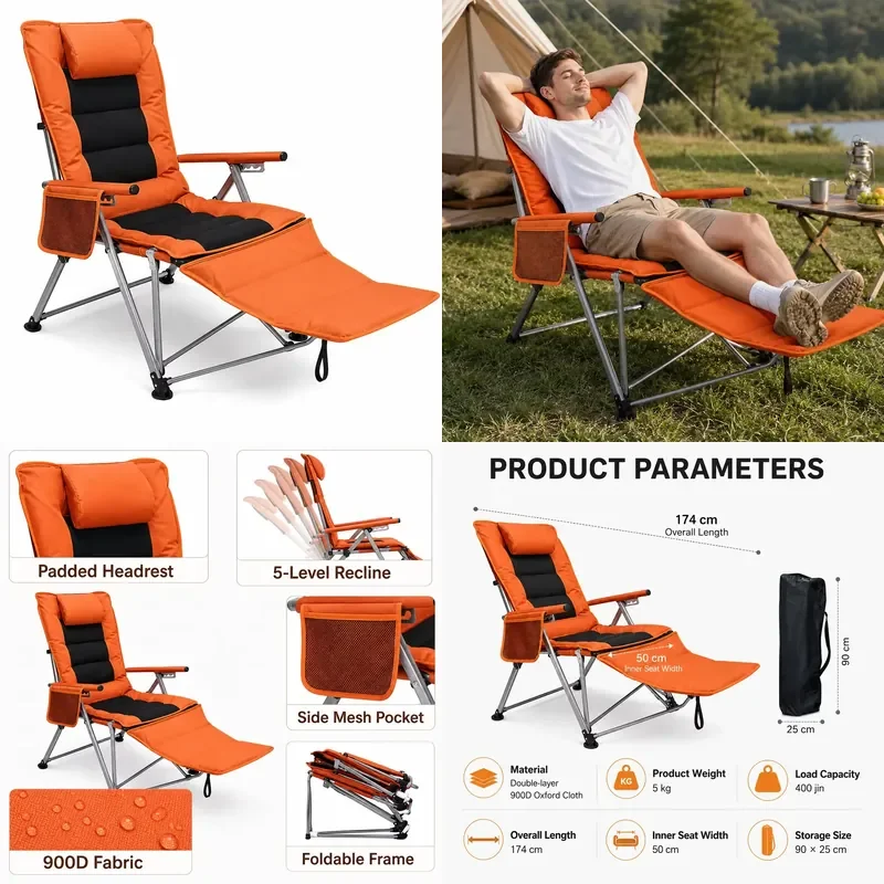 Adjustable Folding Camping Reclining Chair Padded Beach Lounge Chair 5-Level Recline 900D Oxford Portable Lounger