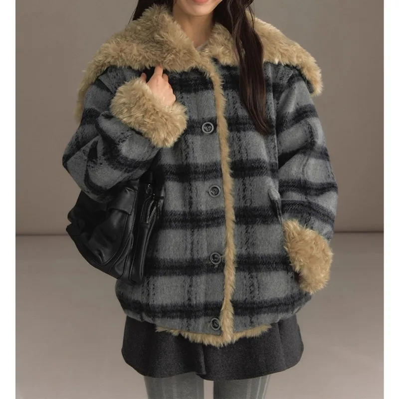 

Academy Navy Neck Plaid Jacket 2025 Winter Loose Hooded Fur Collar Tweed Top
