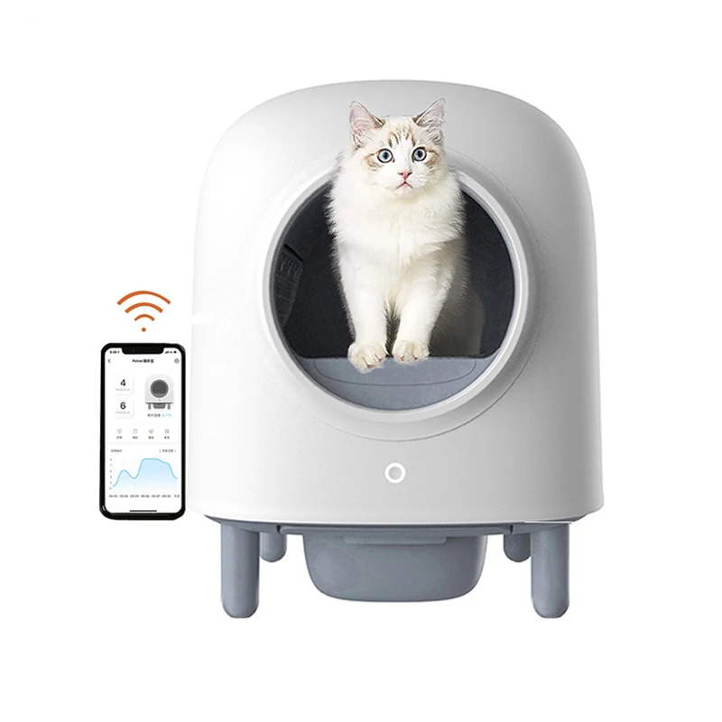 56L Smart APP Controlled Automatic Litter Box round Semi-Closed Plastic Cat Tray Infrared Sensing Self-Cleaning Pet Toilet