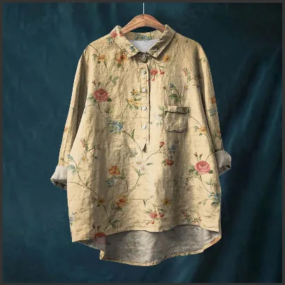 2024Collar Button Down Shirt Women Flower Pattern Printed Women\'S Lapel Neck Casual Cotton And Linen Long Long Sleet Shirt Women