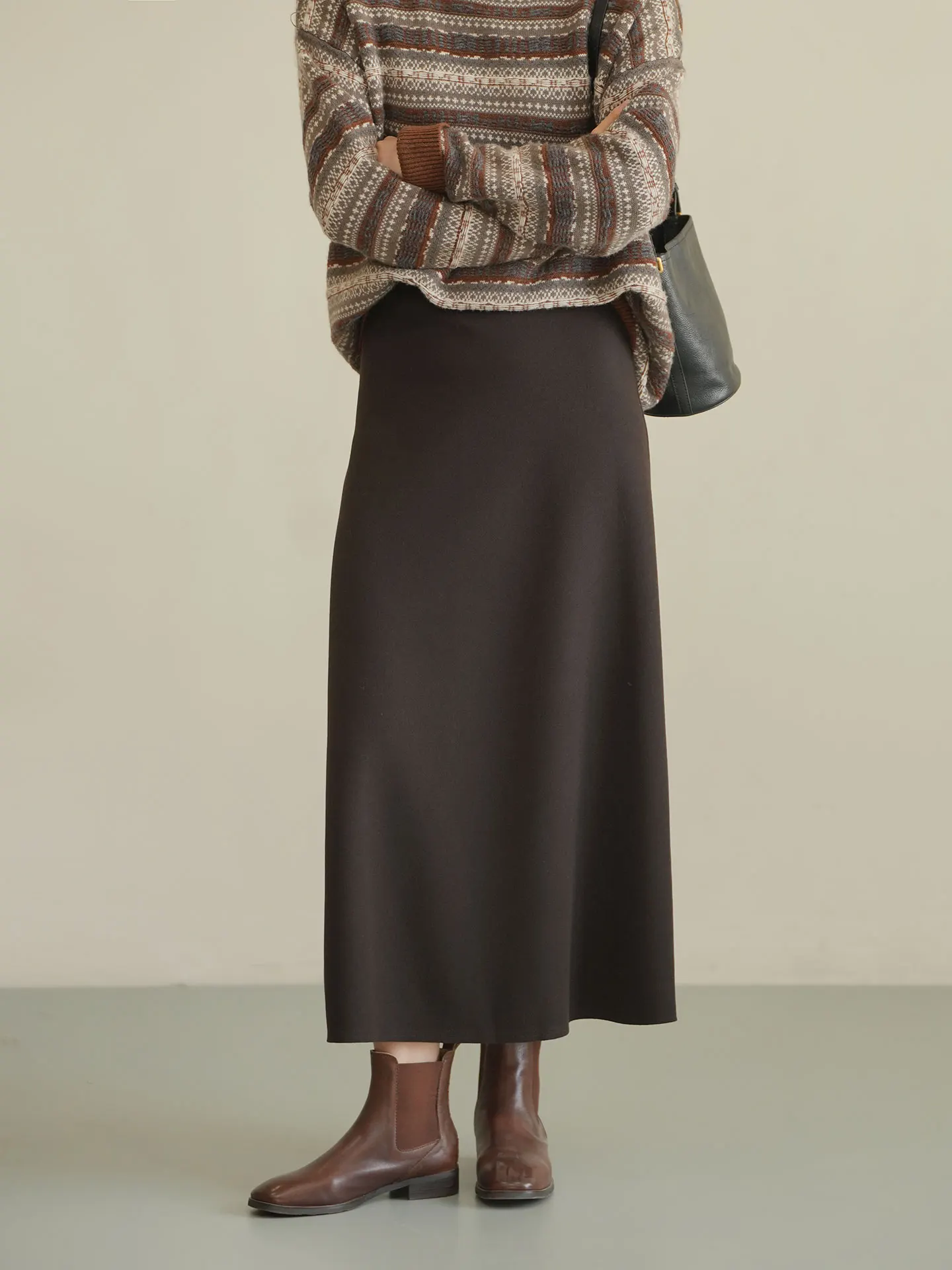 

Вязаная юбка А-силуэта Ele для женщин, однотонная, осенне-зимняя, модная, из полиэстеровой смеси, приталенная, с эластичной талией