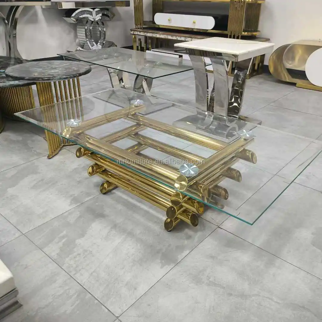 for Luxury Modern White Gold Metal Coffee Table Set Square Marble Pattern with Glass Top for Living Room Home Furniture